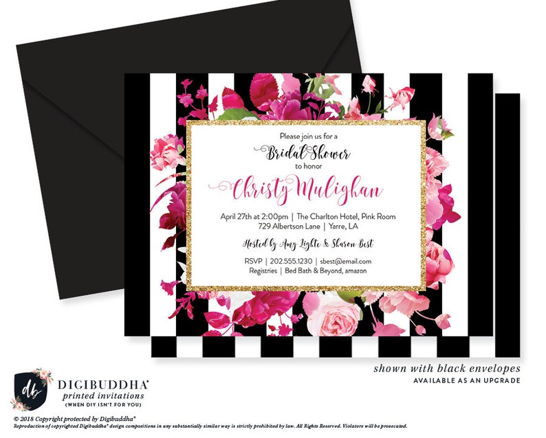 Magenta Floral Black Striped Bridal Shower Invitations, Elegant Pink Gold Wedding Invites, Unique Custom Bride-to-Be Celebration, Chic Bridal Brunch, Sophisticated Gold Frame Design, Ideas for Bridal Shower, Black and White Stripe Theme