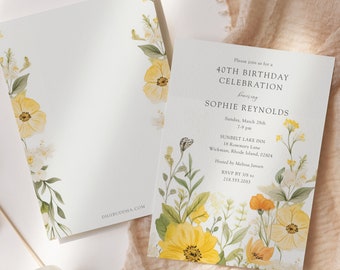 Summer Floral Birthday Party Invitation, Yellow Wildflower Rustic Farm Birthday Party Invitations Printed, Yellow Floral Birthday Invitation