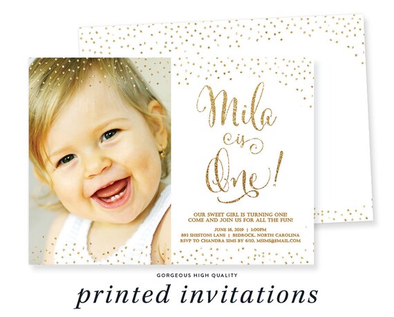 WHITE & GOLD GLITTER Invitation Photo Gold Confetti Sprinkle Sparkle 1 One First Birthday Picture Girl - Mila Il_570xn