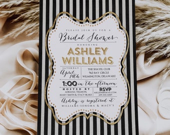 Black and White Stripes with Gold Bridal Shower Invitation Printed, Black and Gold Bridal Shower Invites, Personalized Bridal Shower Invites