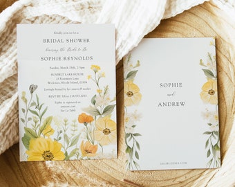 Delicate Yellow Floral Bridal Shower Invitation Printed, Garden Bridal Shower Invitation, Wild Flower Love in Bloom Bridal Shower Invitation