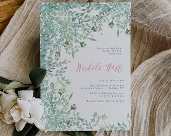 Whimsical Greenery Bridal Shower Invitation, Greenery Vines Invitation Watercolor Tea Party, Garden Soiree, Printed Shower Invites for Bride