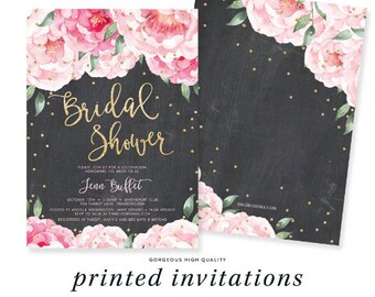 Pink Bloom and Chalkboard Bridal Shower Invite Printed, Peony Floral Bridal Shower Invite, Custom Black Bridal Invites, Pink and Gold Design