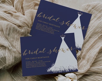 Navy Bridal Shower Invitations, Printed Bridal Shower Invitations, Wedding Dress Bridal Shower Invites, Blue and Gold Bridal Shower Invites