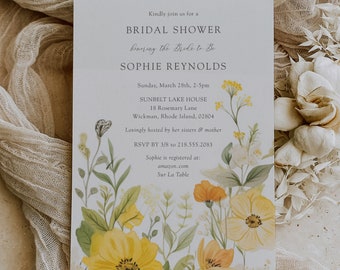 Meadow Bridal Shower Invites, Yellow Wildflowers Greenery Bridal Shower Invites Print, Yellow and White Floral Bridal Shower Invitations