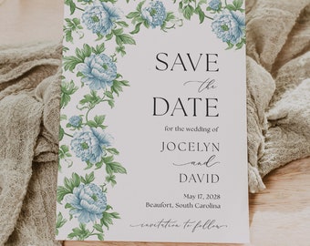Toile Wedding Save the Date Card, French Floral Save The Date, Minimal Floral Toile, Vintage Chinoiserie Pattern Vintage Classic STD Card