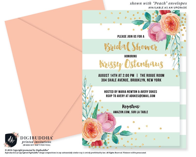 MINT & GOLD BRIDAL Shower Invitation Peach Pink Peonies Etsy