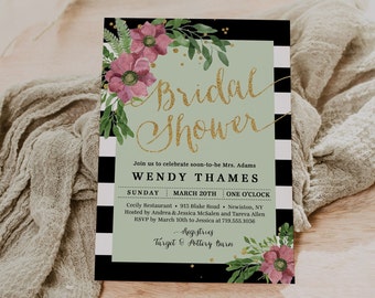 Black and Mint Floral Bridal Shower Invitations Printed, Pink Floral Invite Design, Black and White Personalized Bridal Shower Invitations