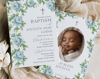 Charleston Blue Baptism Photo Invitation, Boy Baptism Invitation Blue Green Add Photo Christening Invitations, Floral Boy Baptism Invitation