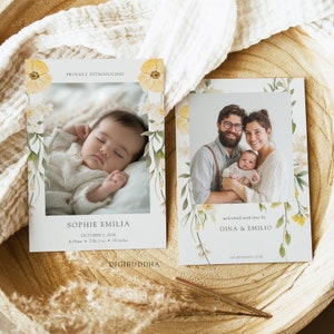 Weiche Blumen Babymitteilung, Pastellgelbe Wildblumen-Neugeborenenankündigungskarte, gelbe Blumenbabymitteilung, Boho Geburtsankündigung