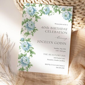 Blue Chinoiserie Birthday Invitation Printed, Elegant Blue Toile Decor for Birthday Party, French Theme Birthday Party Invitation for Spring