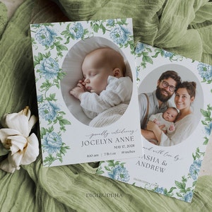Kinderkamer Toile geboorteaankondiging in blauw, pasgeboren kaarten met afbeelding, blauwe bloemen geboorteaankondiging, blauwe Chinoiserie klassieke nieuwe babykaart