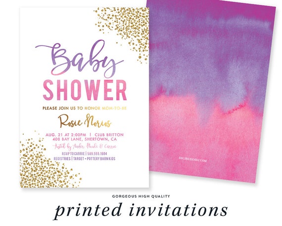 BABY SHOWER INVITATION Pink Purple Ombre Watercolor Gold Baby Sprinkle Invites Brunch & Bubbly - Rosie Il_570xn