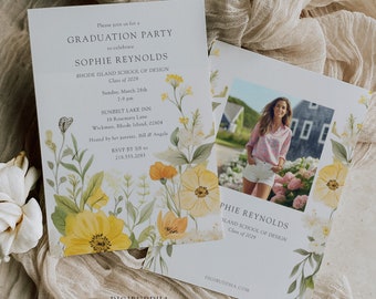 Printed Wildflower Graduation Invitations with Photo, Photo Graduation Announcement, Yellow Pastel Wildflower Boho Floral Graduation Invites