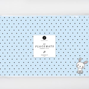 Sweet Blue Bunny Paper Placemats, Easter Bunny Placemat, Easter Placemats for Kids 1st Birthday, Blue Polka Dot Paper Placemats, Disposable