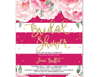 Magenta Peony Bridal Shower Invitations Printed, Pink Bridal Shower Invite, Elegant Custom Bloom Bridal Invite, Pretty in Pink Bridal Invite