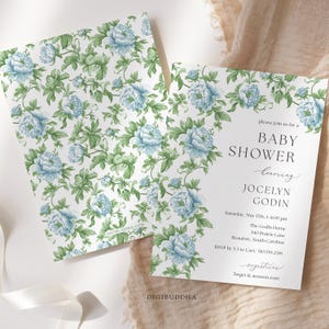 Vintage baby blauwe baby shower uitnodigingen gedrukt, blauwe Franse toile babyshower uitnodiging, chinoiserie blauwe babyshower nodigt, baby in bloei