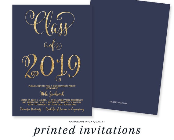 GRADUATION PARTY INVITATION Navy and Gold Glitter Invite Calligraphy Modern College High School Elegant - Mila Il_570xn