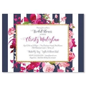 Pink and Blue Wedding Shower Invite, Hot Pink Bridal Shower Invitation, Floral Elegant Bridal Brunch Invite, Magenta Fuchsia Shower Invites