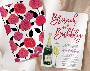 Bold Roses Brunch and Bubbly Bridal Shower Invitations, Petals and Prosecco Bridal Shower Invitations, Brunch and Bubbly Color Roses Invites