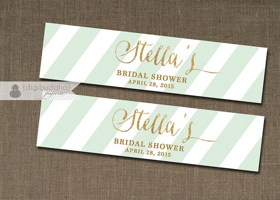 Mint Green & Gold Water Bottle Labels Drink Label Gold Glitter Bridal Shower Baby Shower Birthday Party DIY Drink Bottle Labels 8x2"- Stella Il_570xn