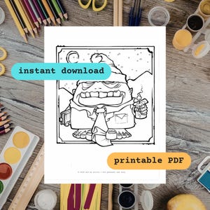 Puede incluir: Dibujo lineal en blanco y negro de un monstruo de dibujos animados sosteniendo una vela y una botella. La imagen está etiquetada como "descarga instantánea" y "PDF imprimible". El monstruo lleva un sombrero y una corbata. El fondo incluye una luna y montañas.