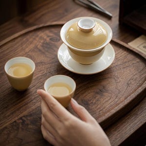 May include: A ceramic tea set featuring a lidded gaiwan bowl on a matching saucer and two small tea cups, all finished in a smooth, glossy light yellow glaze with white interior accents, arranged for serving tea with a refined, clean aesthetic.