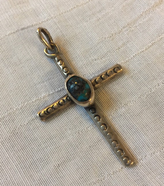 Turquoise Cross. Silver metal, no hallmark, 1-3/4 