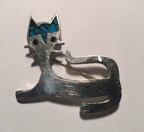 Cat pin with pendant bail. Sterling silver and tu… - image 5