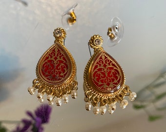 Jackie Kennedy JBK Earrings. Red and gold plate drop shape with faux pearls and clear rhinestones.