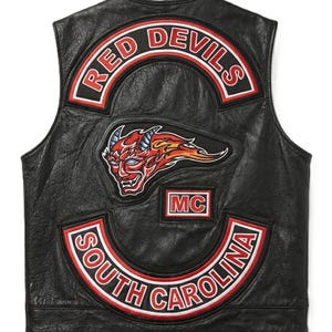 Chaleco de cuero genuino para club de motociclistas, negro, corte motero con parches Red Devils MC, chaleco de cuero para hombre estilo club de motociclistas, ropa de motociclista de piel de vaca