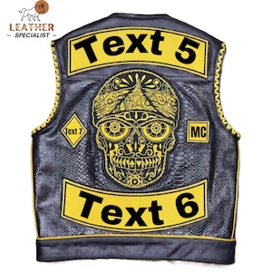 Custom Leather Biker Vest with Sugar Skull Design - Premium Snakeskin Textured Motorcycle Vest - Custom Text Club Rockers & Patches