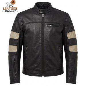 May include: A black leather jacket featuring a stand-up collar with a snap button, a full-length front zip, and two horizontal beige stripes on each sleeve. The jacket includes a zipped chest pocket and two zipped side pockets.