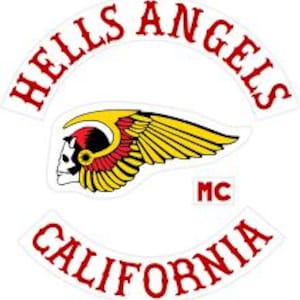 May include: A white patch featuring the words "HELLS ANGELS" in red arched text above a skull with yellow and red wings. Below, "CALIFORNIA" is written in red arched text. The letters "MC" are in red.