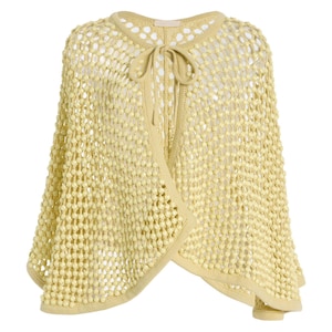 Yellow Beaded Crochet Knit Tie-Front Cardigan Crystal Embellished Knit