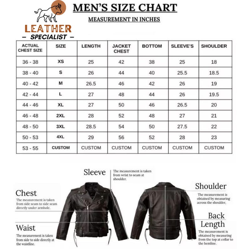 May include: A size chart for jackets with the text LEATHER SPECIALIST and MEN'S SIZE CHART MEASUREMENT IN INCHES. The table lists sizes from XS to 4XL with corresponding measurements for length, chest, bottom, sleeve, and shoulder in inches.