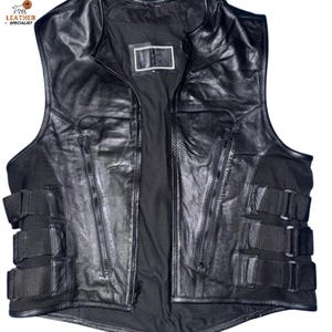 Men's Black Leather Tactical Biker Vest with Adjustable Sides