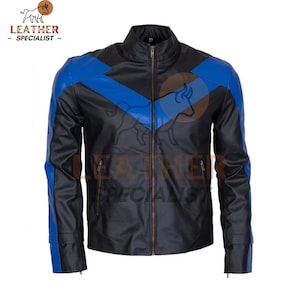 May include: A black leather jacket featuring a prominent blue chevron pattern across the chest and shoulders. The jacket includes a stand-up collar, a central front zip closure, and two zipped pockets on the lower front section.