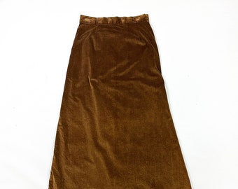 1970s Brown Velvet Maxi Skirt / 30 Waist / Medium / Large / Solid / Winter / Minimal / Velour / Union Made / 70s / Neutrals / Flocked / M /