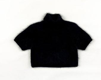 Vintage Jean Paul Gaultier Maille Black Angora Short Sleeve Cropped Turtleneck Sweater / JPG / Fuzzi / Stretch / y2k / Goth / Cyber / Mohair
