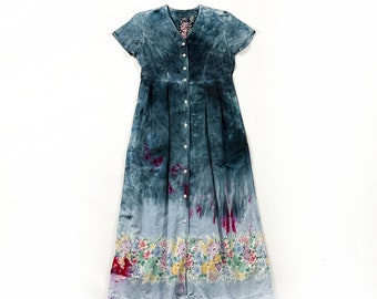 90er Liz Wear Denim Maxi Kleid / Floral / Batik / Grunge / Knopfleiste / Kurzarm / Shirt Kleid / Wolken / Psychedelisch / M / Medium