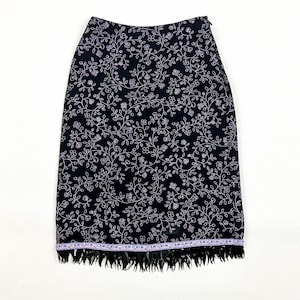 Vintage Betsey Johnson floral mid length skirt / sheer overlay / fringe / beaded trim / purple and black / xs / s / y2k / 00s / 1990s / goth