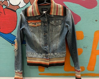 Y2K Miss Me denim jacket with ribbed striped sweater details / patches / oversize collar / small / frayed / 00s / Euro / bratz /