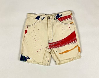 1970s Woolco Frayed Denim Walk Shorts / Printed Denim / Novelty Print / Brush Strokes / Pop Art / Paint Splatter / Fun / Small / 29 Waist /