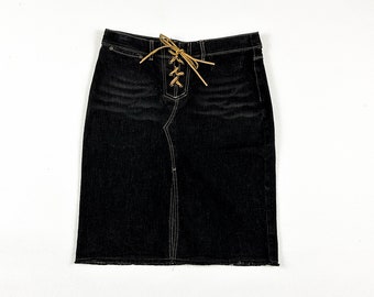 y2k / 1990s Express Dark Denim Midi Skirt / Whiskers / Lace Up / Suede / Western / Cowgirl / Destiny's Child / Stretch Denim / M / Size 7/8