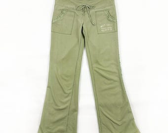 Y2K Hollister Vintage Low Rise Military Flare Sweatpants / Olive Green / Ribbon Stripe / Small / Distressed / Utility / Frayed / Bratz / 00s