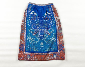 1970s Psychedelic Hand Silk Screened Paisley Printed Skirt / Becky Miller Creations / 24 Waist / Turquoise / Peacock / Pleated Waist / XS /