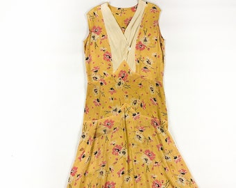 1920s Pink and Yellow Silk Floral Day Dress / Flapper Dress / Allover Print / Lawn Dress / Sheer / Antique Textiles / Small / S / Gatsby