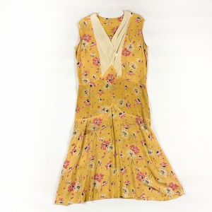 1920s Pink and Yellow Silk Floral Day Dress / Flapper Dress / Allover Print / Lawn Dress / Sheer / Antique Textiles / Small / S / Gatsby image 1