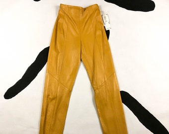 80s / 90s / Mustard Yellow Leather High Waisted Pants / Fitted / Tapered / Sunflower / Soft / Buttery / Deadstock / Size 6 / Colorblock / 00